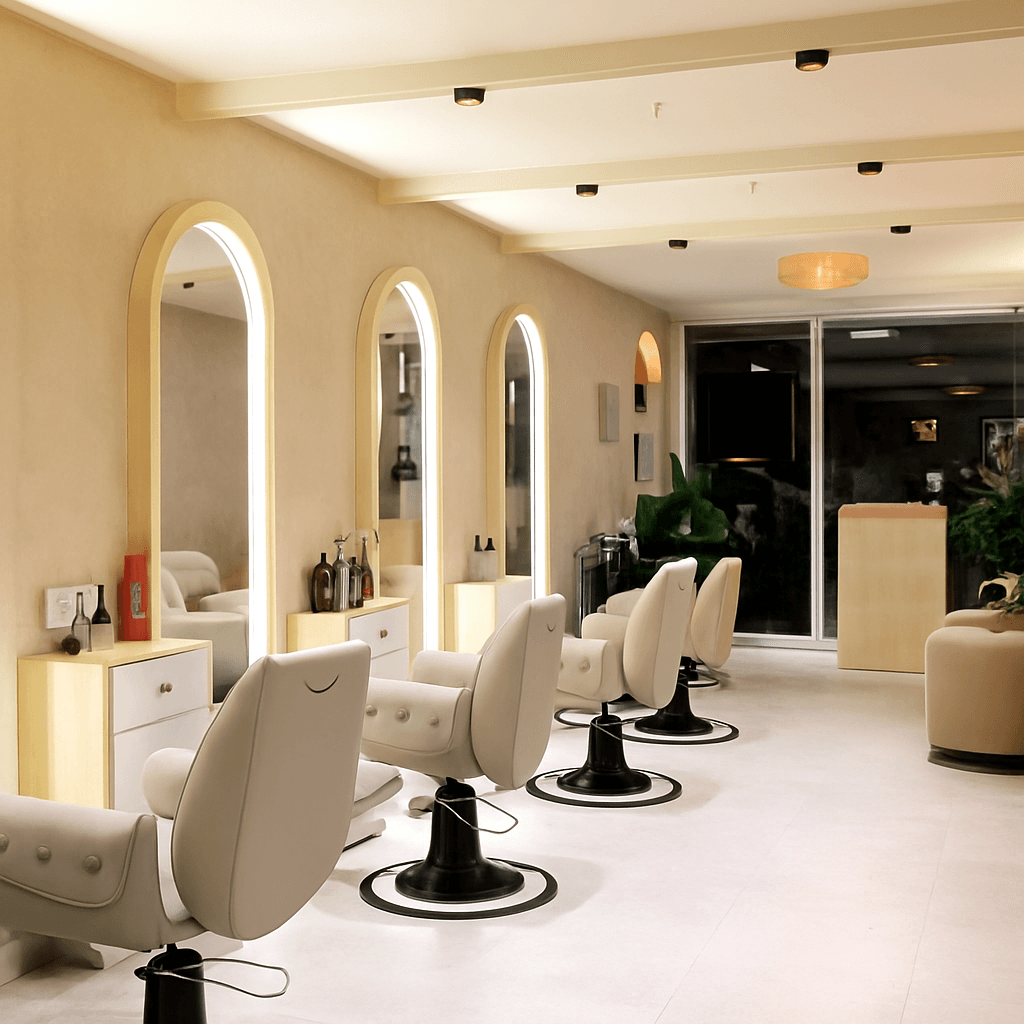 Articery salon styling stations with arch mirrors