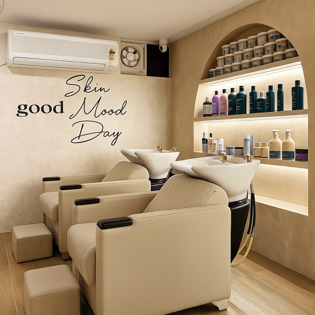 Articery salon wash area with product shelves